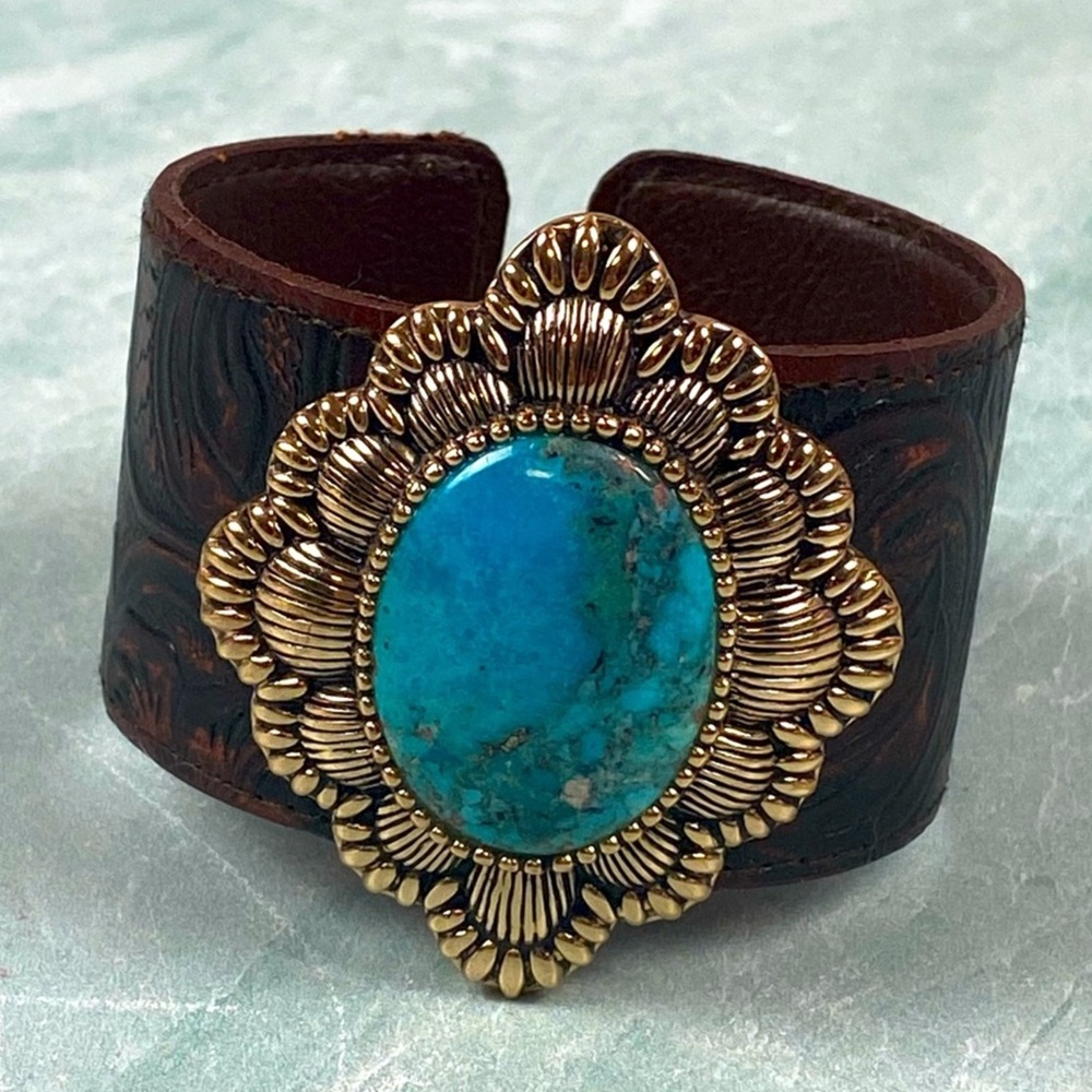Studio Barse Turquoise Tooled Leather Cuff - Picture 2 of 7